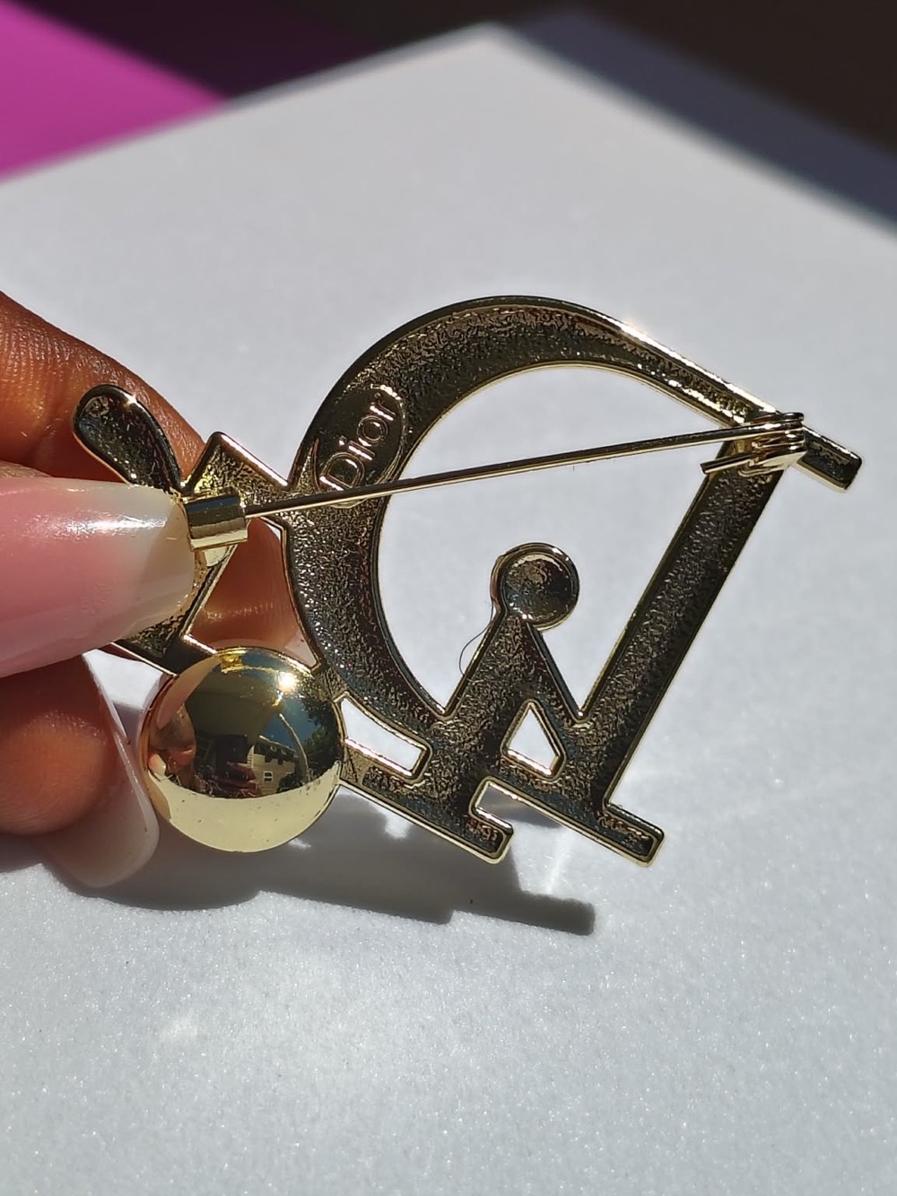 Upcycled Crystal-Embellished Logo Brooch with Faux Pearl - Gold & White - Picture 4 of 4